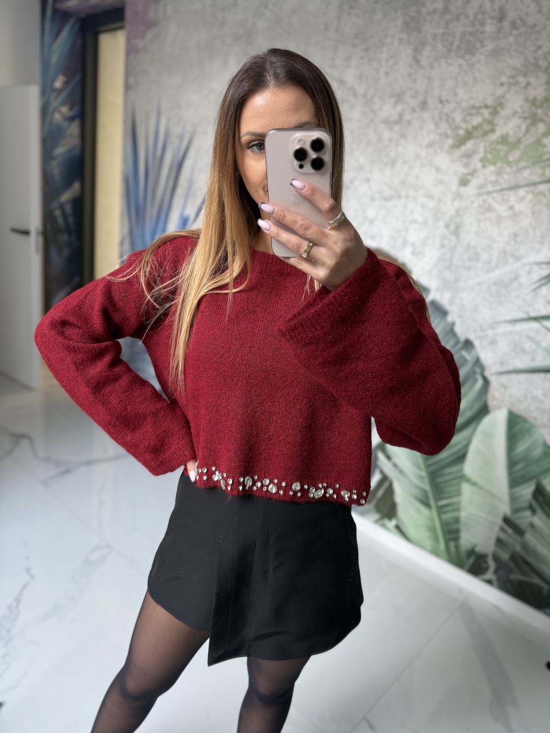 Sweter z kryształkami - burgundowy  zdjęcie 2