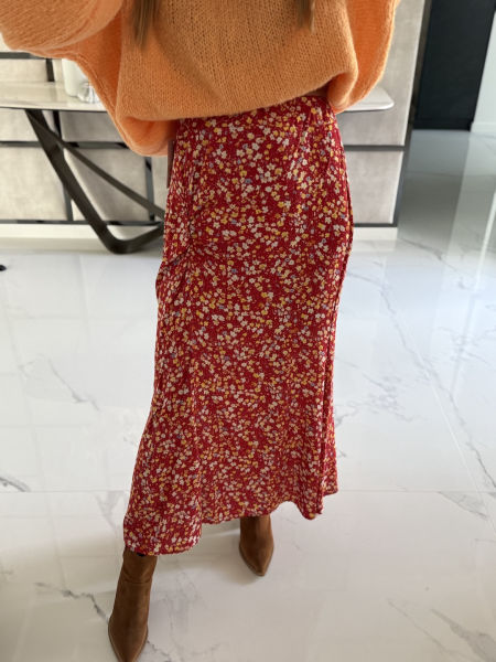 Spódnica z wiskozy - AUTUMN BLOOM - czerwona w kwiaty 