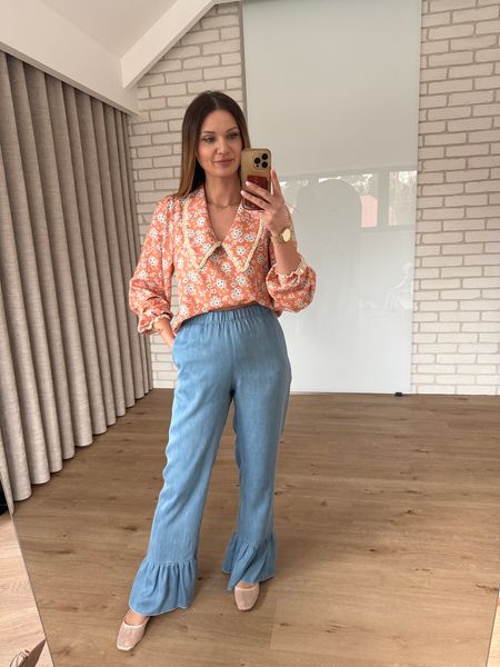 Spodnie z falbanką 100% tencel -jasny jeans 