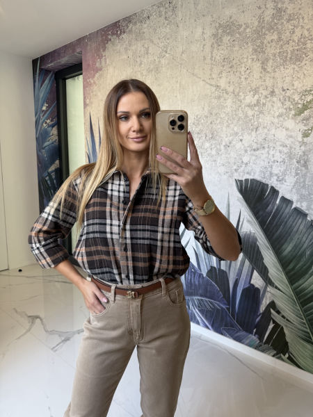 Bawełniana koszula w kratę - brązowa  