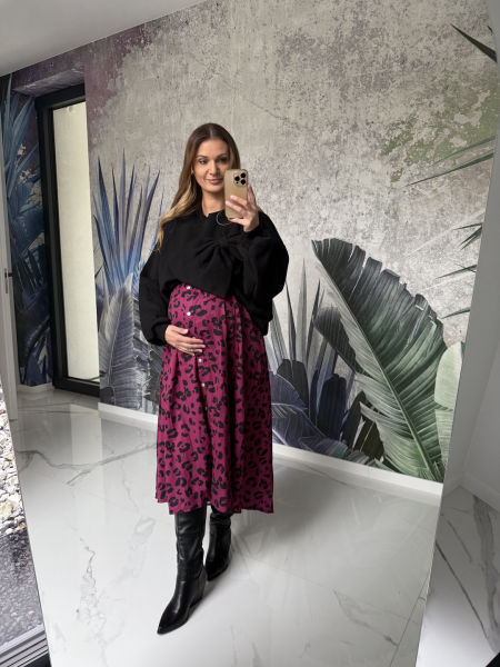 Sukienka MALAGA  - burgundowa w czarną panterkę ( większy standard ) 