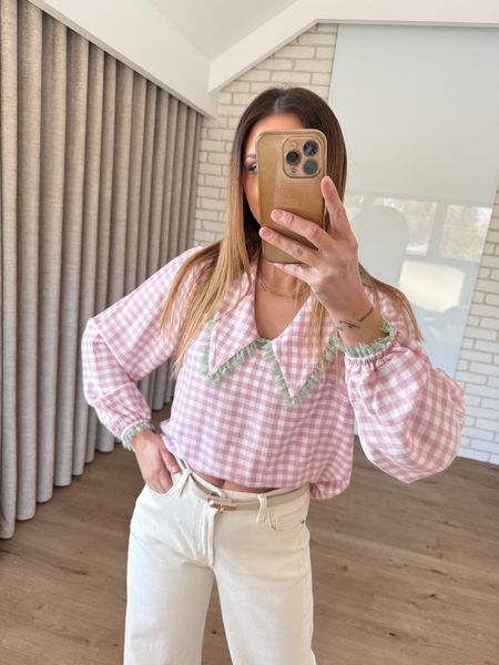 PRE-ORDER wysyłka po 9.02 Wiskozowa koszula z kołnierzykiem wykończonym koronką - różowa kratka  