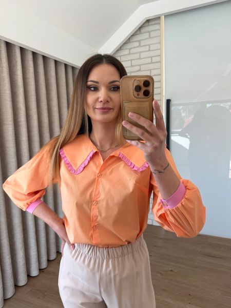 Bawełniana koszula z kołnierzykiem wykończonym koronką - pomarańczowa 