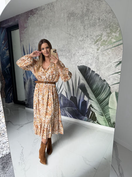 Sukienka z wiskozy CIMONA - pomarańczowa w kwiaty 