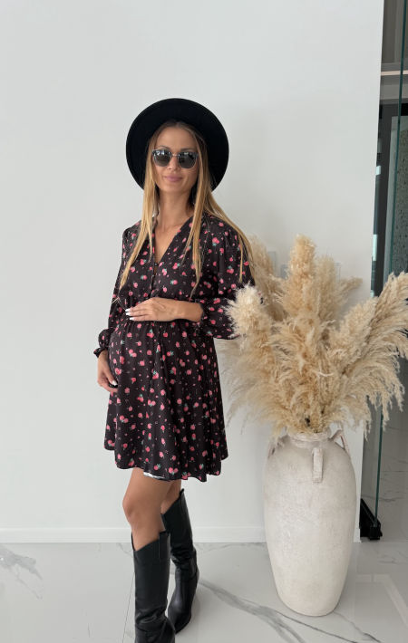 Sukienka AUREA -czarna w czerwone różyczki 