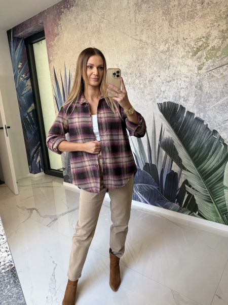 Bawełniana koszula w kratę - brązowo fioletowa 