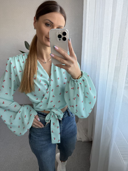 Wiązana koszula w wisienki - miętowa   