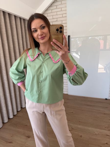 Bawełniana koszula z kołnierzykiem wykończonym koronką - zielona  