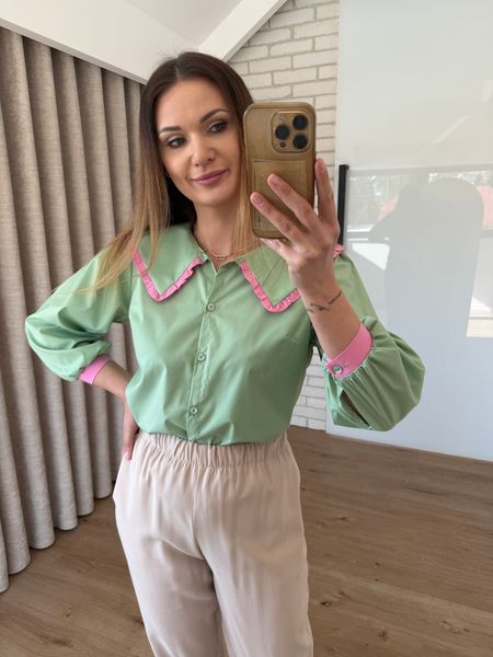 Bawełniana koszula z kołnierzykiem wykończonym koronką - zielona  