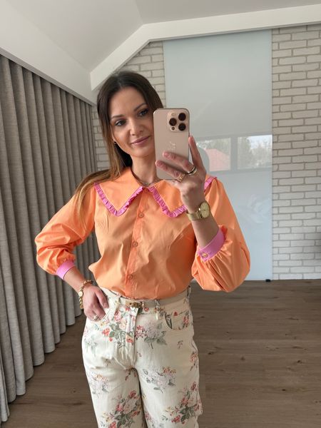 Bawełniana koszula z kołnierzykiem wykończonym koronką - pomarańczowa 