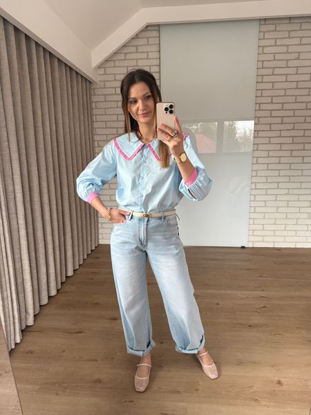 Bawełniana koszula z kołnierzykiem wykończonym koronką - niebiesko- różowa  