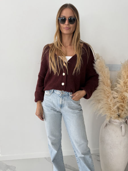 Sweter odpinany na złote guziczki MARIS  - burgund  