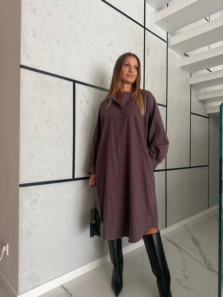 Sukienka koszulowa oversize ESTELLA - bordowa kratka 