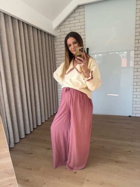 Spodnie z szeroką nogawką 100% wiskoza - puder róż  