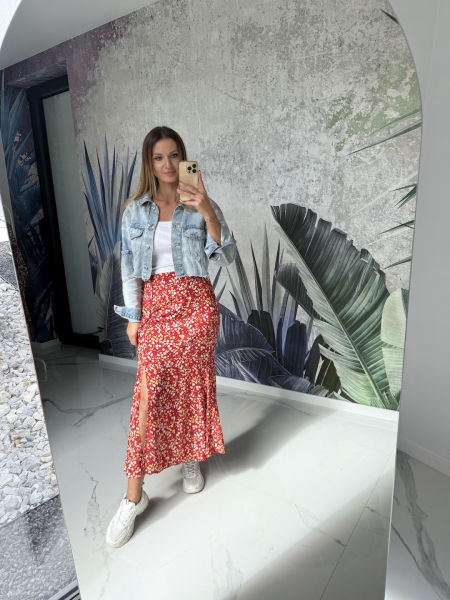 Spódnica z wiskozy - AUTUMN BLOOM - czerwona w kwiaty 