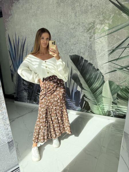 Spódnica z wiskozy - AUTUMN BLOOM - brązowa w kwiaty  