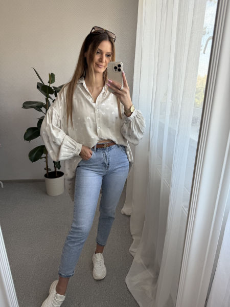 Jedwabna koszula o kroju oversize w serduszka - beż 