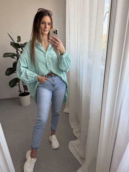 Jedwabna koszula o kroju oversize w serduszka - mięta