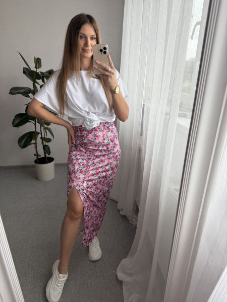 Spódnica ołówkowa maxi - szara w różowe kwiatuszki 