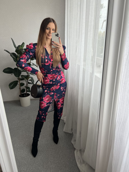 Dopasowana sukienka NORA 2 - granatowa duże kwiaty 