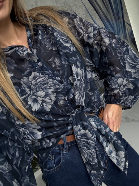 Koszula z wiązaniem MALAGA - granatowa w piwonie