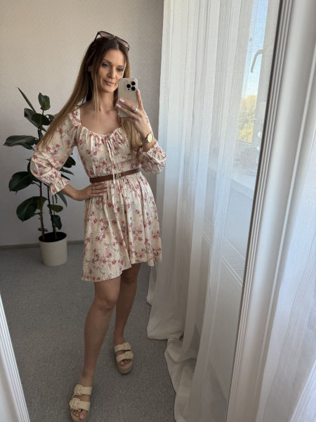 Sukienka JOY - beżowa w kwiaty