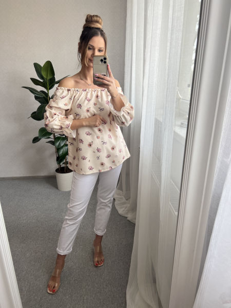 Bluzka hiszpanka - beżowa w kwiaty 