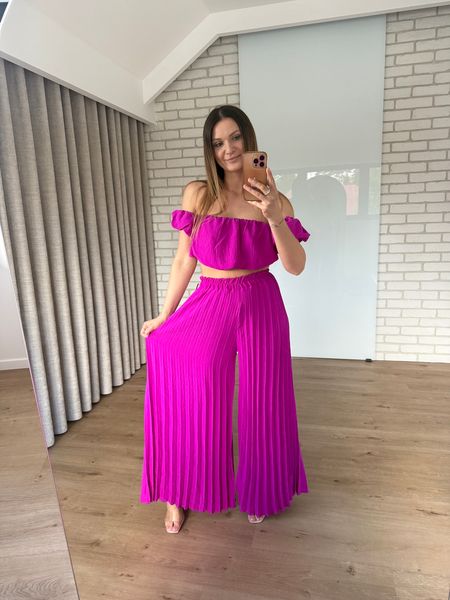 Komplet plisowany top  + spodnie z wysokim stanem - fuksja ( wiskoza)   