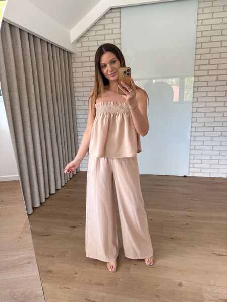 Komplet top + spodnie z wysokim stanem - latte 