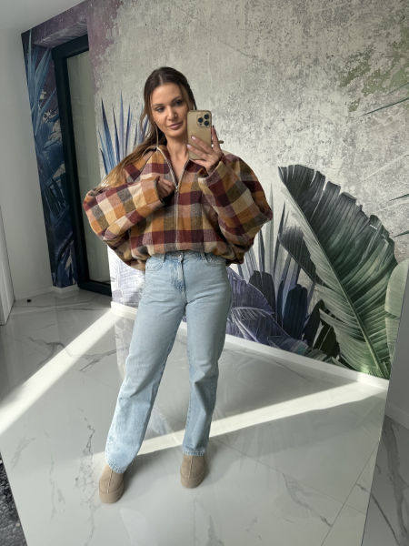 Kurtka bomberka  - beżowa & bordowa krata 