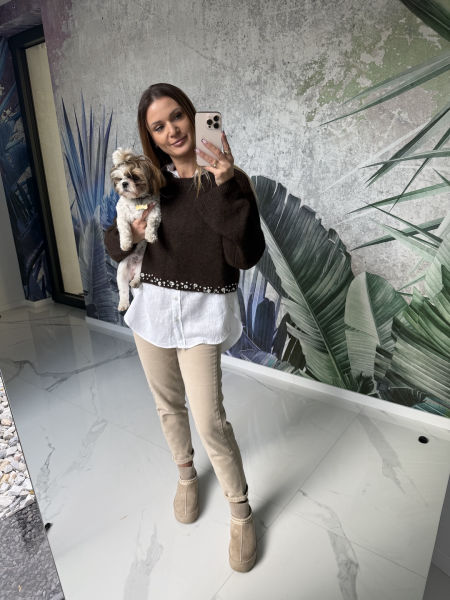 Sweter z kryształkami - brązowy 