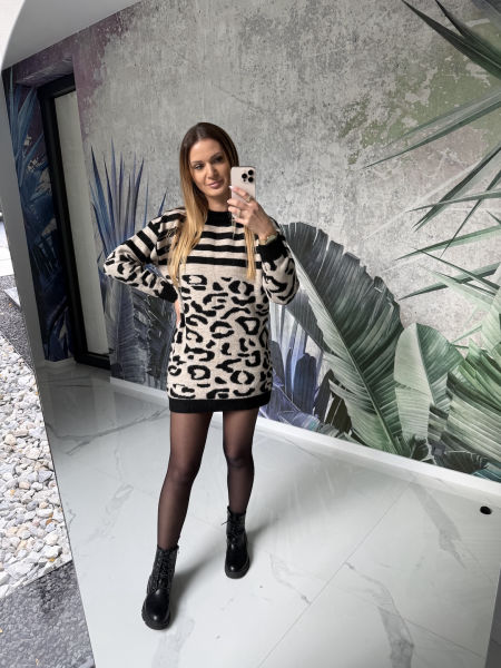 Sweter beżowo czarny w paski & panterkę