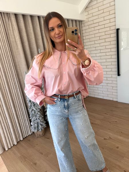 Bawełniana koszula z obszernym kołnierzem - puder róż  