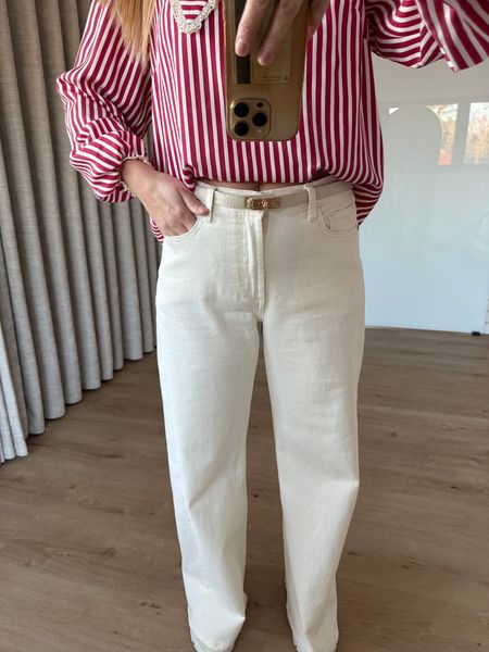 Spodnie jeansowe z szeroką nogawką - kremowe  