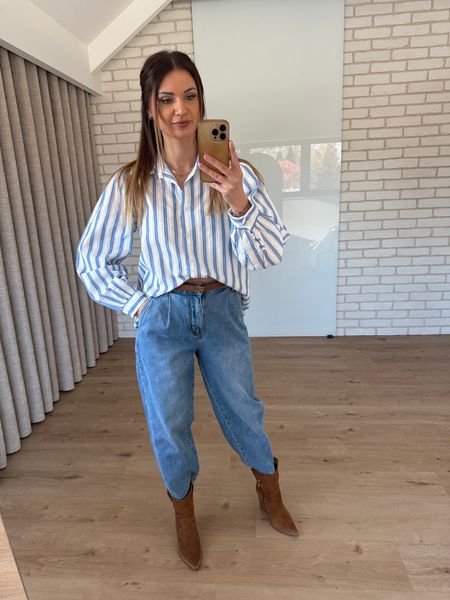 Bawełniana koszula w paski - niebieska   