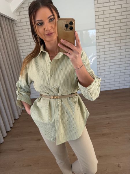 Koszula w paski z cekinami na przodzie  -zielona 