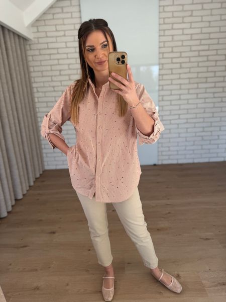 Koszula w paski z cekinami na przodzie  - czerwona  