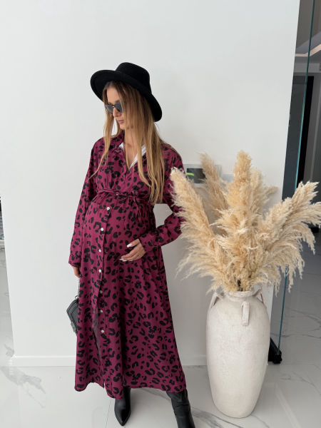 Sukienka MALAGA  - burgundowa w czarną panterkę ( większy standard ) 