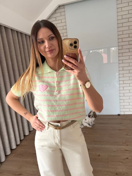 Sweter w paski z krótkim rękawem - miętowy 