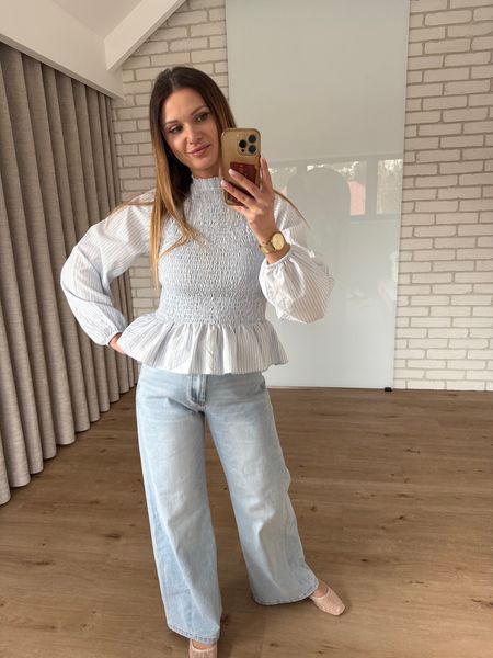 Bawełniana bluzka w paski - niebieska  