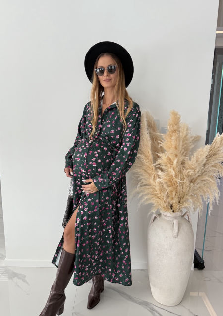Sukienka MALAGA  - ciemno zielona w kwiatuszki  ( większy standard ) 